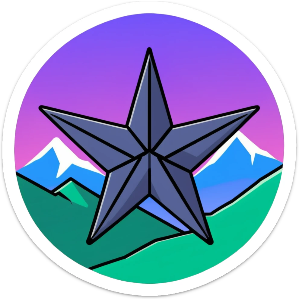 eight-pointed star with wide wings and mountain silhouette in center sticker
