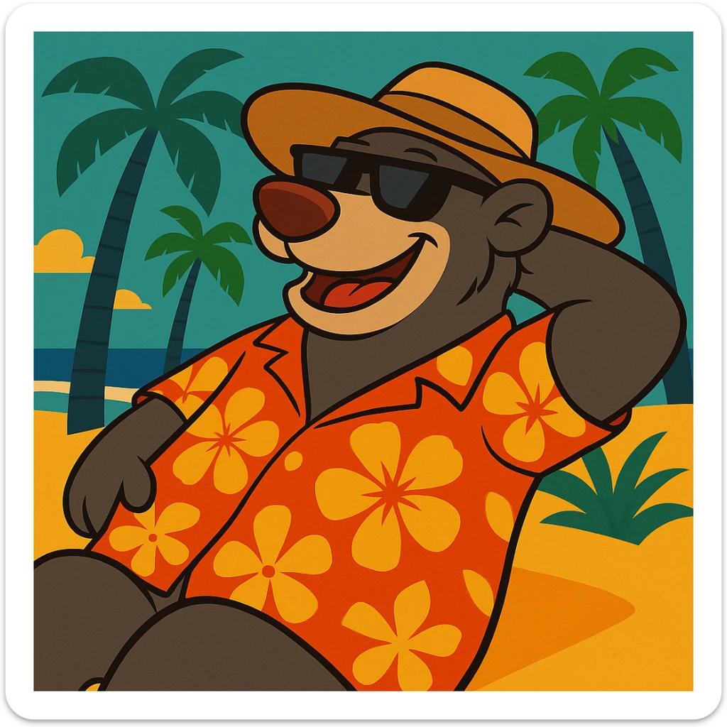 Add a wide-brimmed sunhat to Baloo the bear as he relaxes on the tropical beach, maintaining the vibrant and cheerful flat toon cartoon style with warm colors and playful details. sticker