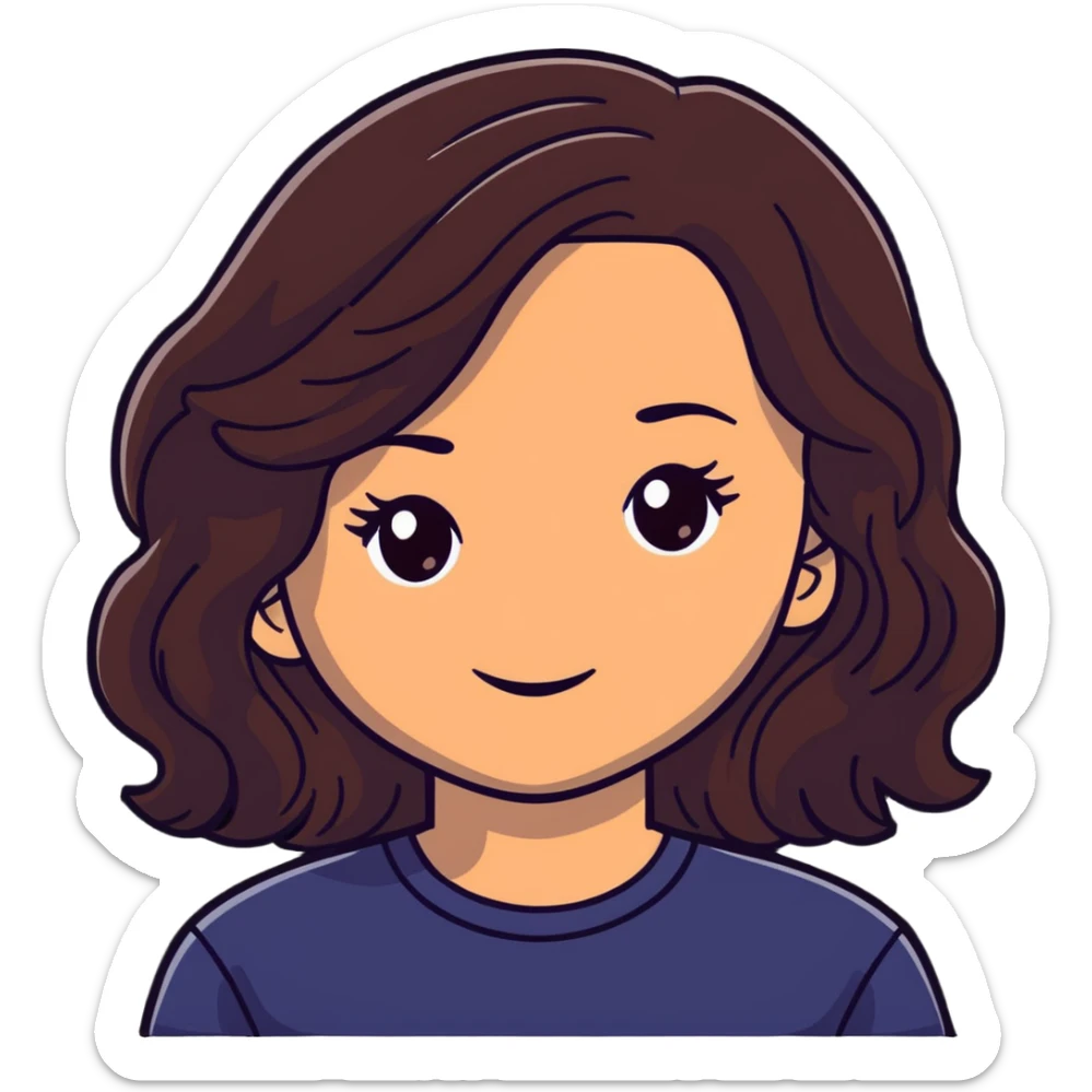 chica de piel clara, ojos marrón oscuro, cabello ondulado castaño oscuro con dos mechones a cada lado sticker