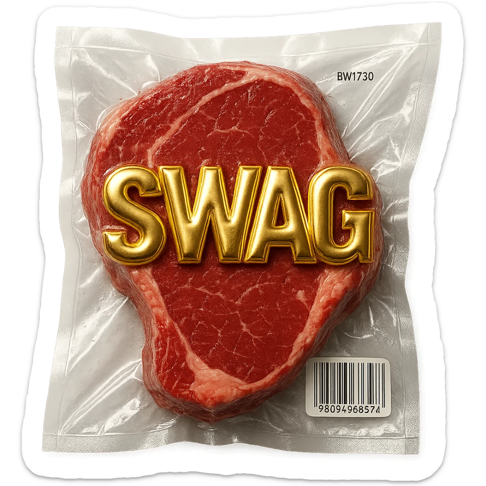 steak with gold block letters 'SWAG', shiny and inflated, vacuum-sealed style sticker