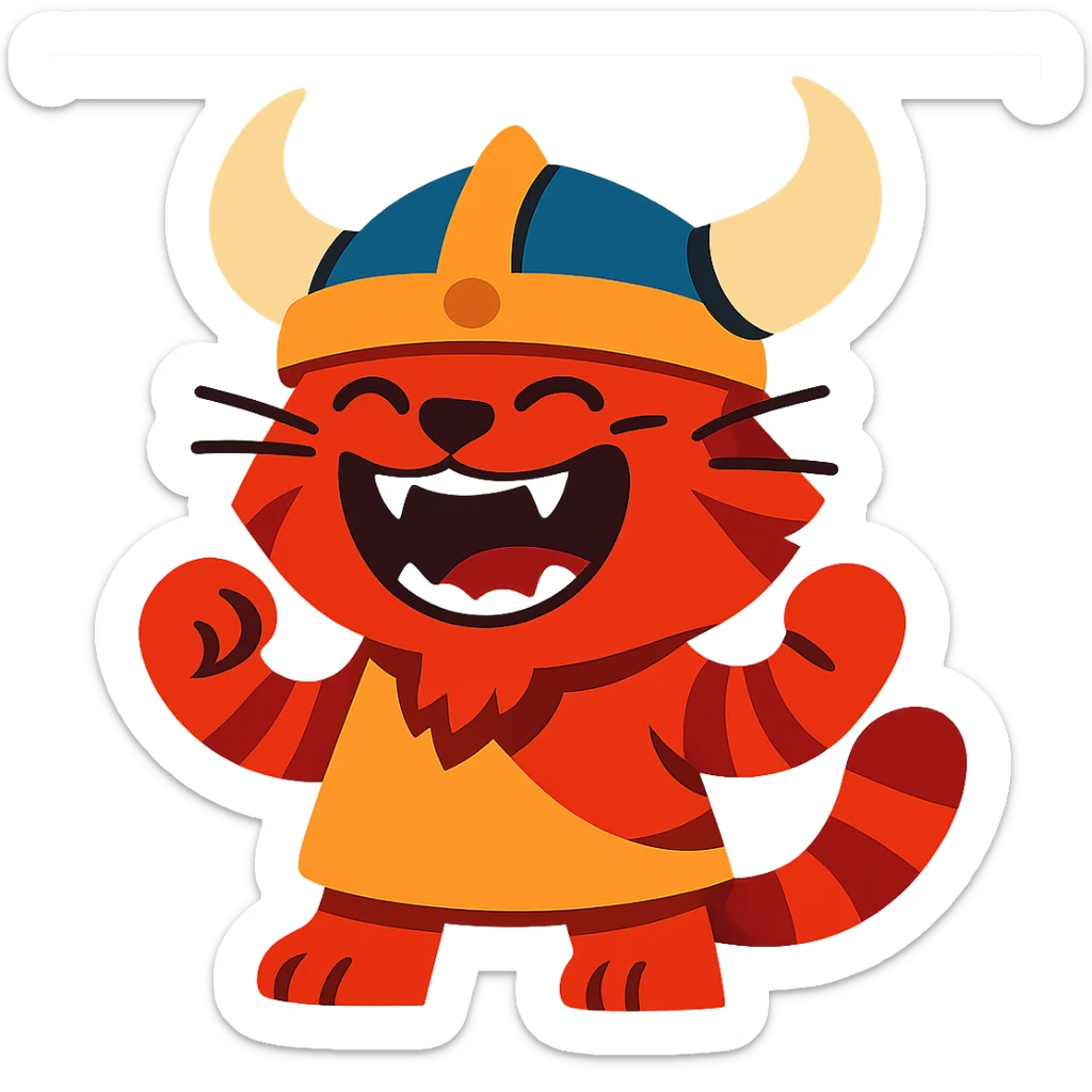 a laughing red viking cat in a vibrant toon style, horned helmet, showing teeth sticker
