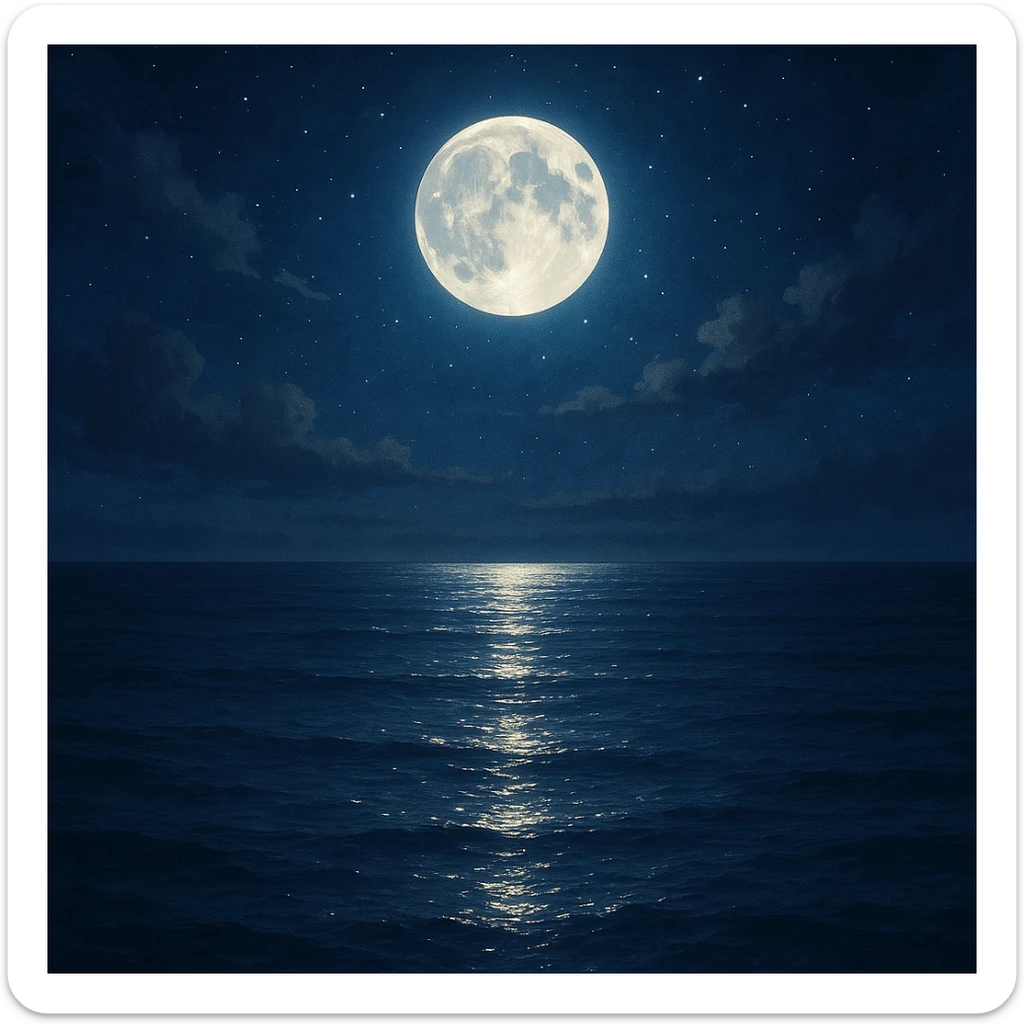 moon reflecting on the sea, style 1, beautiful night scene with moonlight shimmering on calm sea water sticker