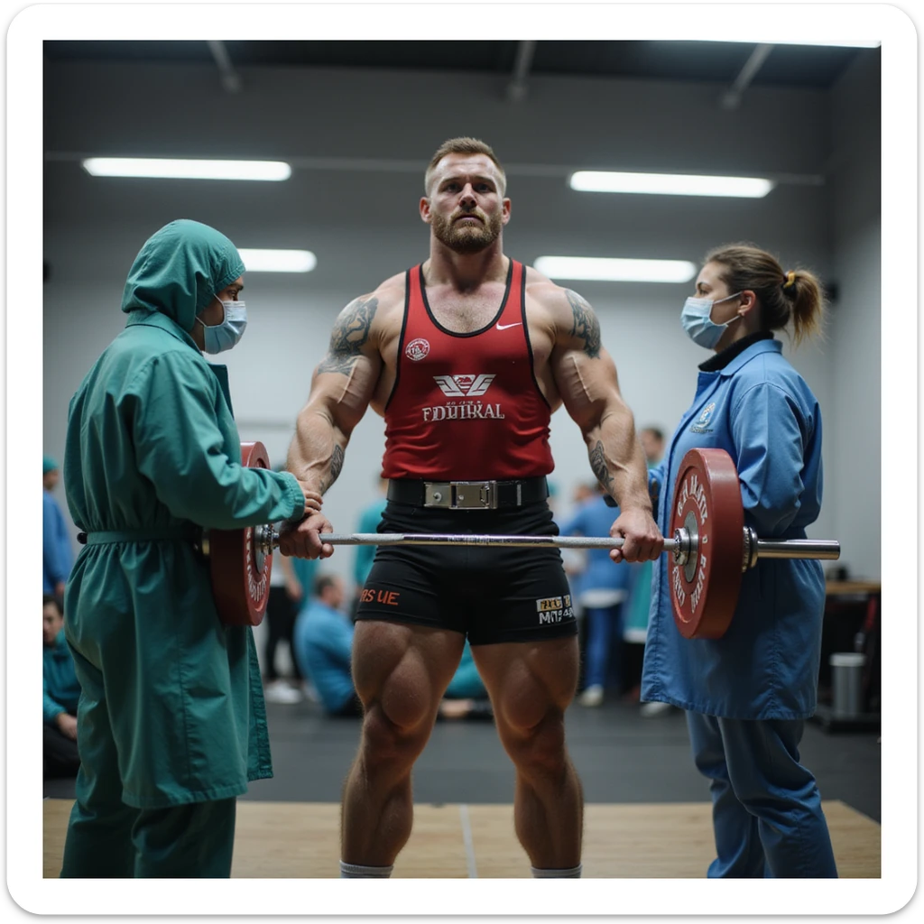 European powerlifter in federal competition attire undergoing anti-doping controls, realistic atmosphere with medical staff or officials present, laboratory or test details, isolated on white background sticker