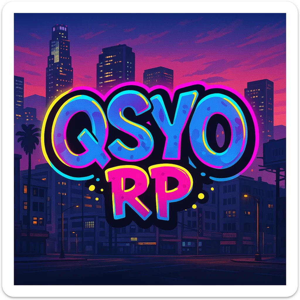 GTA V roleplay server logo featuring 'QSYO RP', graffiti style lettering, neon accents, city background, playful and urban sticker