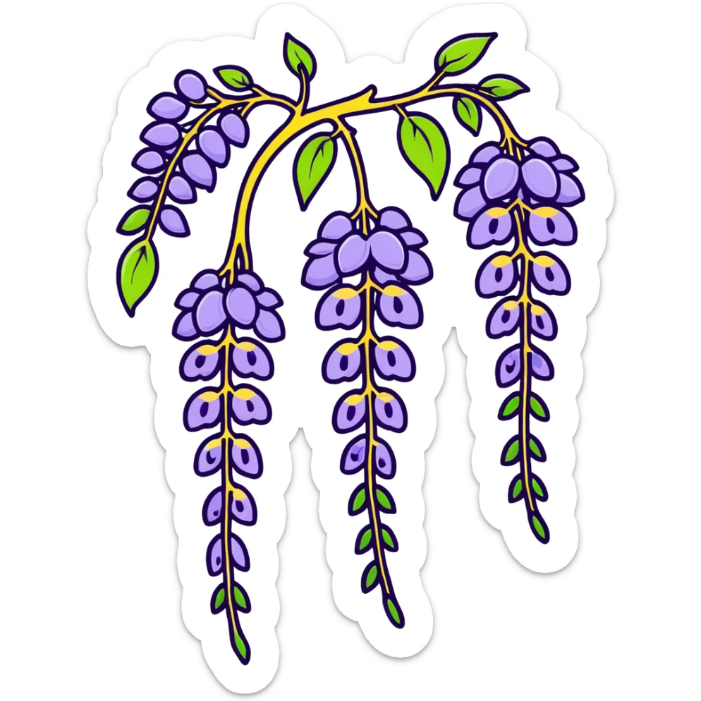 Decorative wisteria flower with elegant drooping clusters of purple blossoms and small bright green leaves sticker