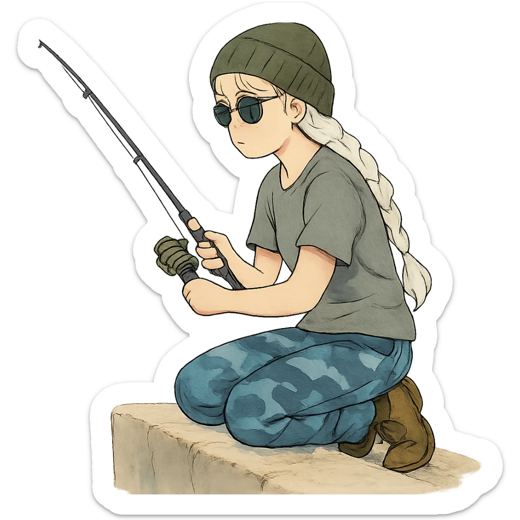 1 female, long white braid, knit cap, dark sunglasses, GRAY T-SHIRT, blue camo pants, KNEELING AND FISHING WITH A TRAVEL FISHING POLE OVER THE LEDGE sticker