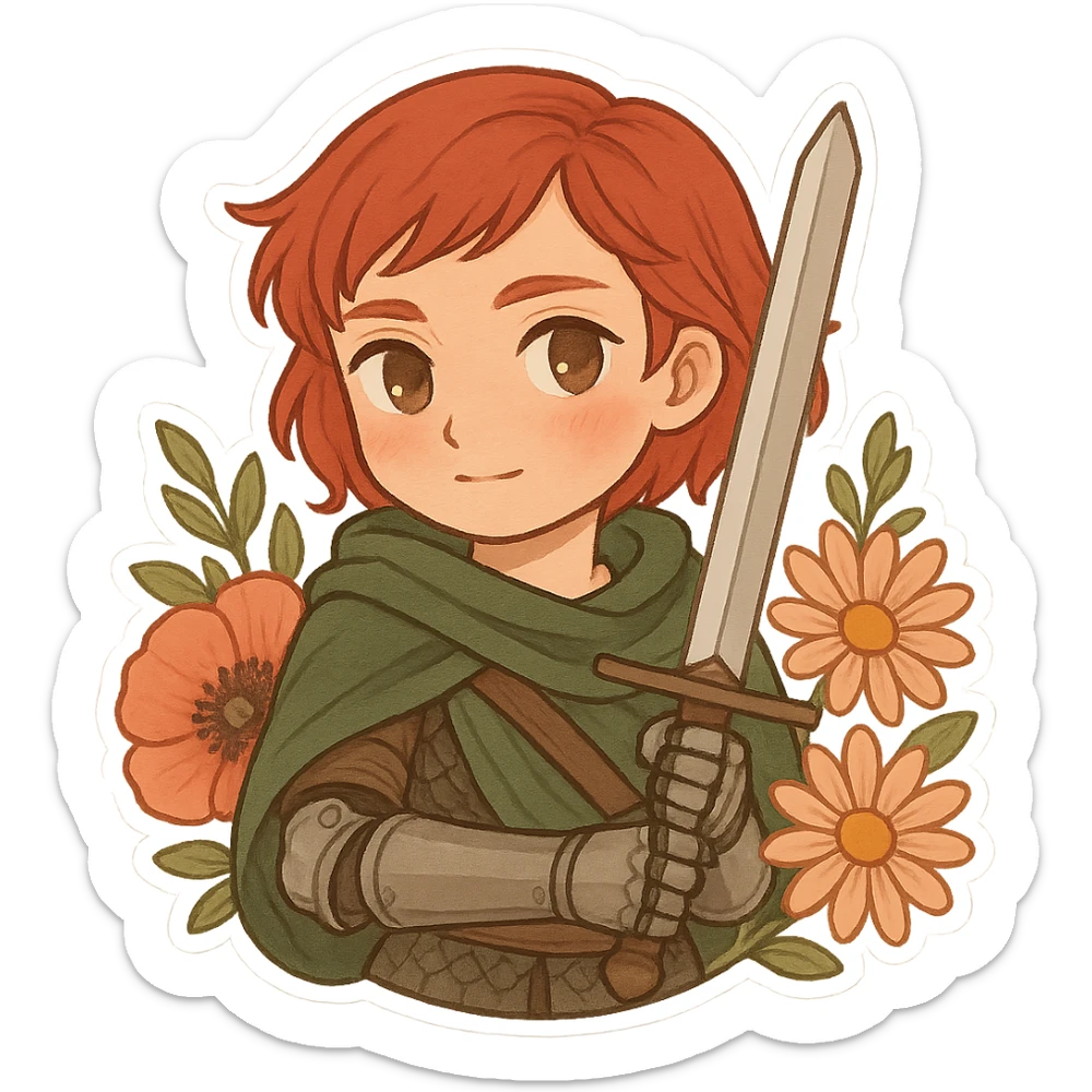 Millicent, chibi style, short red hair, green cloak, prosthetic arm, holding a sword with both hands, surrounded by flowers, gentle and strong sticker