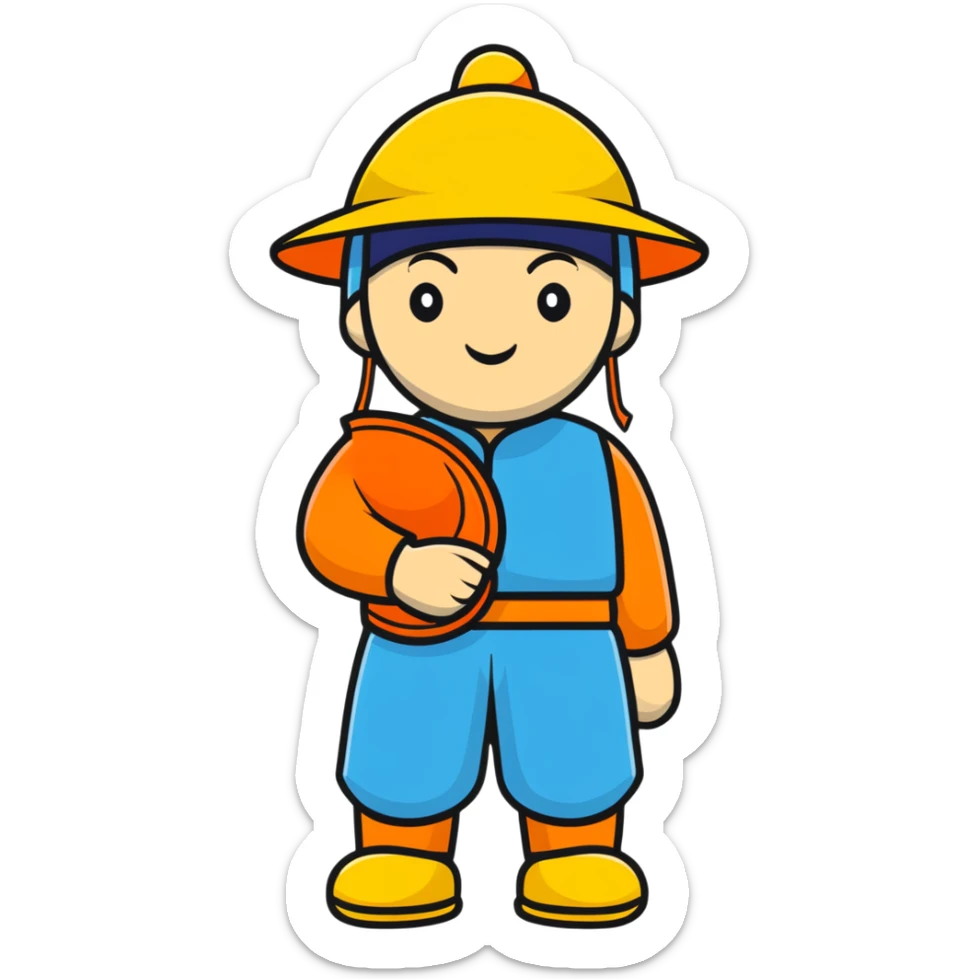 Man of Chinese appearance wearing an orange helmet with a yellow hat visible sticker