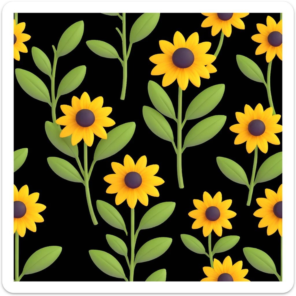 yellow rudbeckia flower with green leaves in 3D iOS style on white background sticker