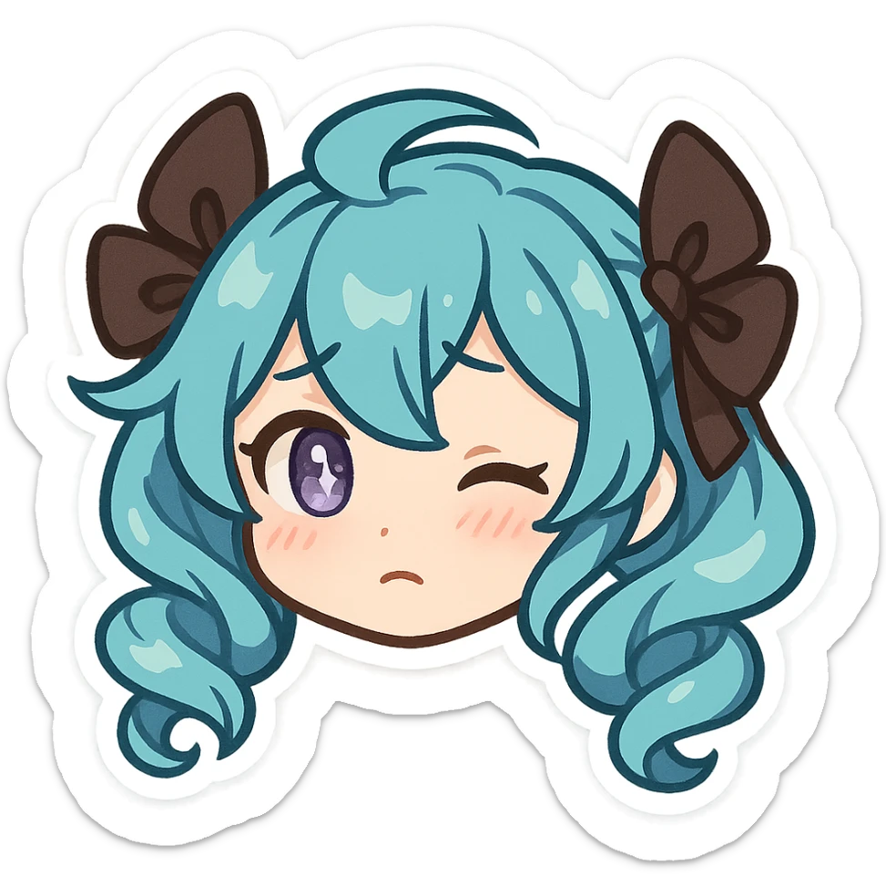 Gwen from League of Legends, chibi emote style, only head visible, right eye purple, shy expression, subtle sparkle in eyes, cute and expressive sticker