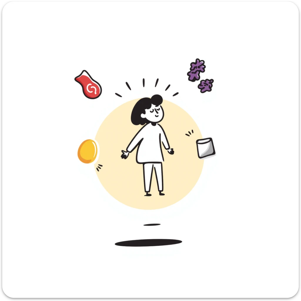 Floating orb of warm light containing mini bright icons: red meat, golden egg, purple beans, translucent tofu block and yogurt glass, slowly rotating around a radiant body figure that radiates strength and balance sticker