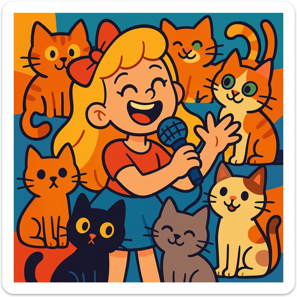 a cheerful blonde girl with many cats and a microphone, cartoon style, vibrant and colorful sticker