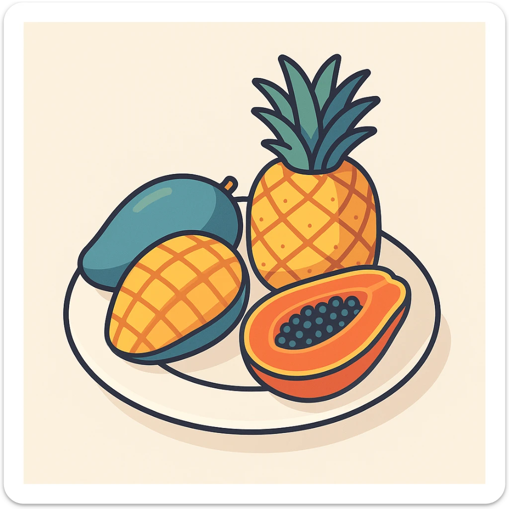 a plate with tropical fruits like pineapple mango and papaya in 2D isometric illustration style sticker