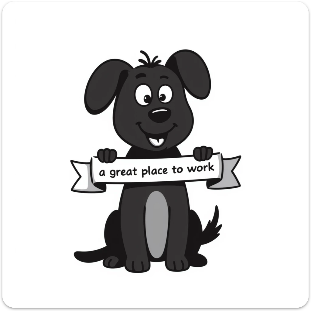 dog holding a ribbon with the text 'a great place to work' written in blue, hand drawn doodle style, notion style sticker