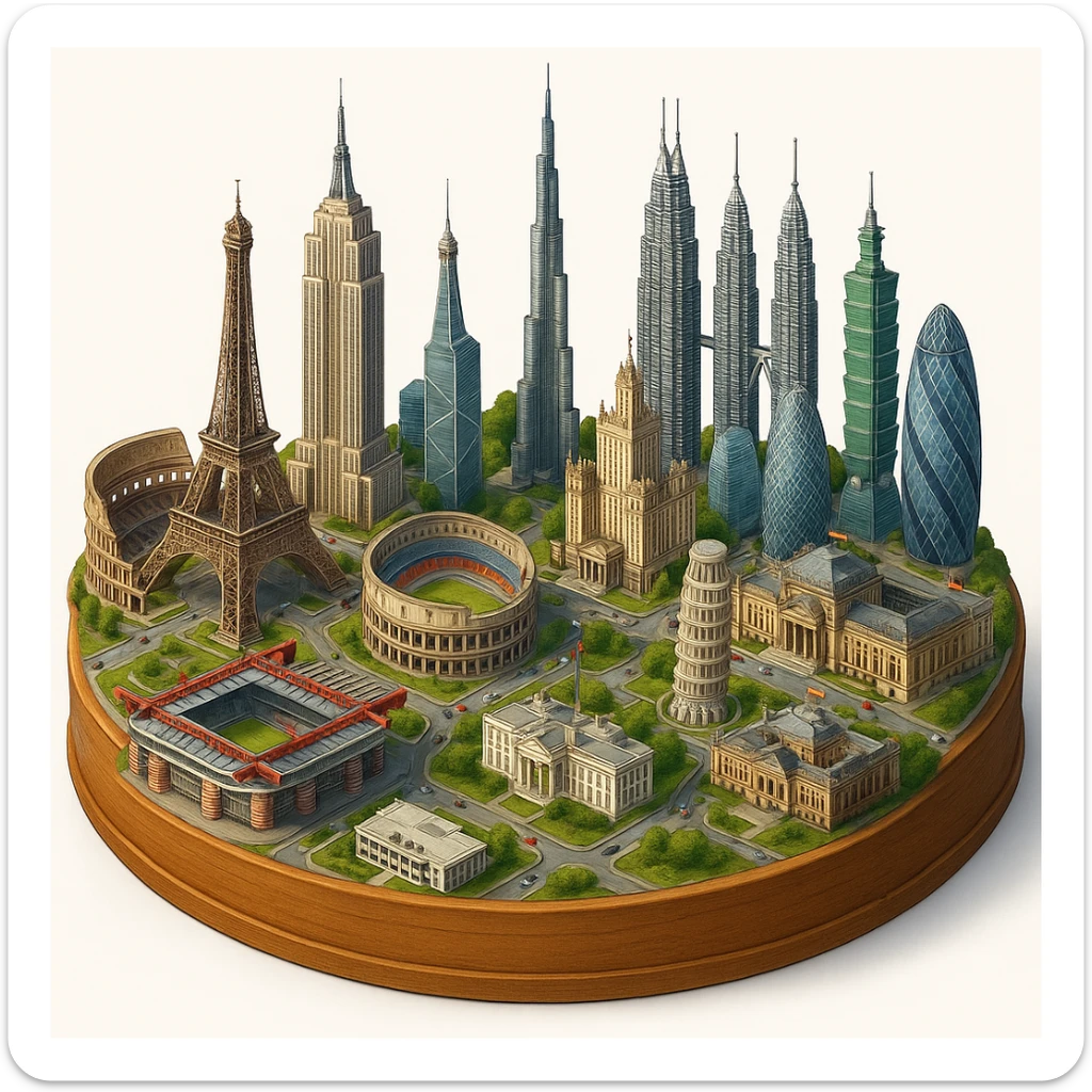 Оставь основу картинки - деревянную подставку, но при этом сгенерируй изометричную, яркая, детализированную и фотореалистичную модель где будет самые узнаваемые здания мира - Эмпайр Стейт Билдинг, Эйфелева башня, Колизей, Сиднейская опера, стадион Сан-Сиро, Белый Дом Пизанская башня, здание МГУ, Бурдж-Халифа, Башни Петронас, Небоскрёб Фостера в Лондоне, Рейхстаг, Тайбэй. Здания не должны повторять и должны быть на картинке в единственном экземпляре sticker