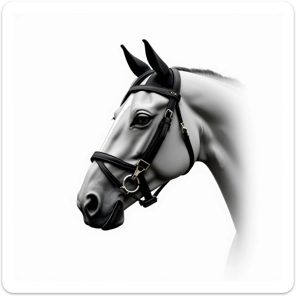 Hermès-style horse head, modern harness design, sleek lines, photorealistic, white background sticker