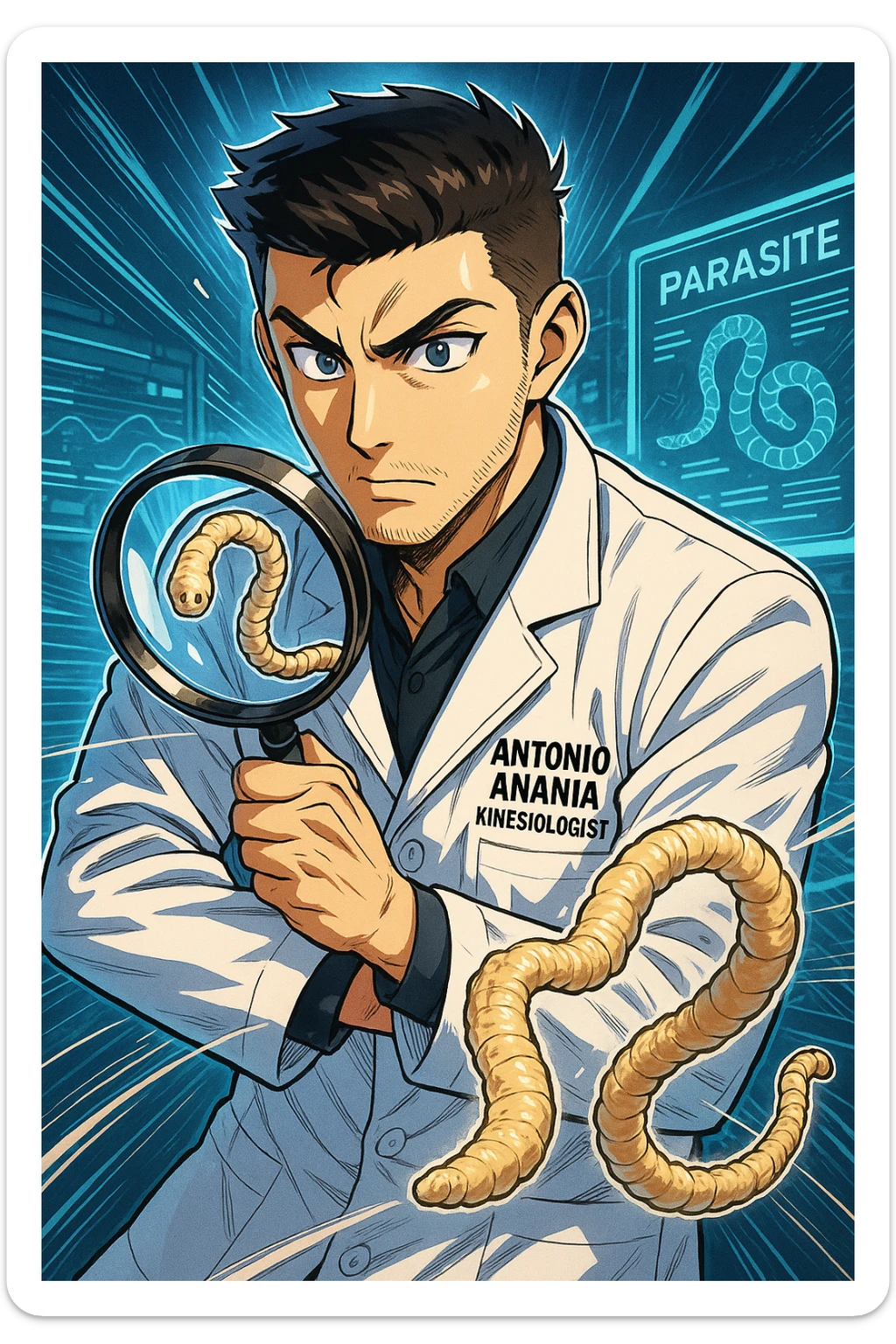 A dynamic manga/webtoon-style illustration of a young male kinesiologist wearing a clean white lab coat, analyzing light beige worms like a tapeworm under a magnifying glass. His expression is focused and slightly intrigued, with sharp, detailed eyes. The art style is vibrant, with bold linework, rich colors, and dramatic lighting. The background is a futuristic laboratory with glowing holographic screens displaying parasite data. The tapeworm is intricately drawn, slimy and segmented, with a slightly exaggerated yet realistic texture. The composition is dynamic, with motion lines or energy effects to emphasize his scientific investigation. The atmosphere is intense but not dark, keeping a balance between scientific seriousness and stylish manga aesthetics, he has "ANTONIO ANANIA" WRITTEN ON WHITE LAB COAT sticker