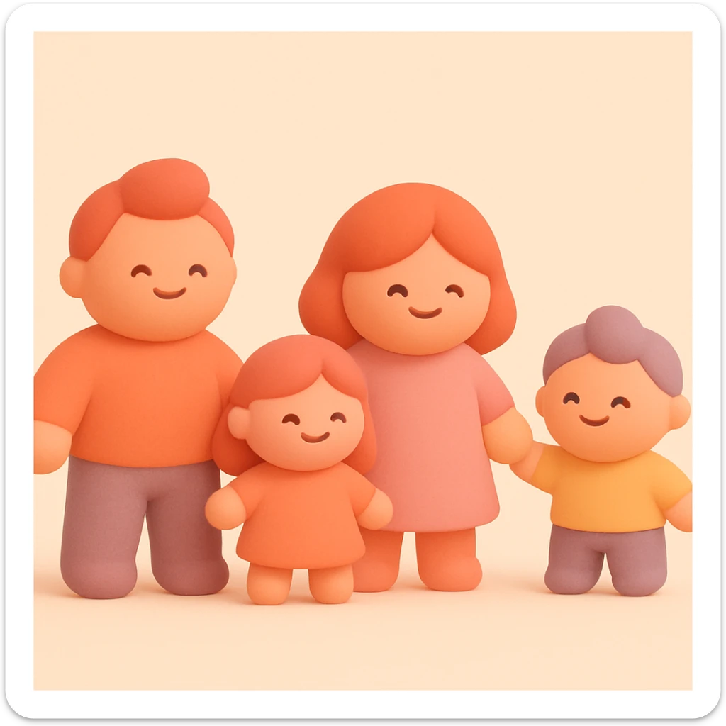 a family of four holding hands, mochi style, soft and rounded, warm pastel palette, joyful mood sticker