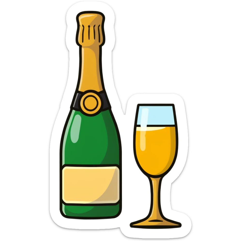 cartoon sticker of a champagne bottle and glass sticker