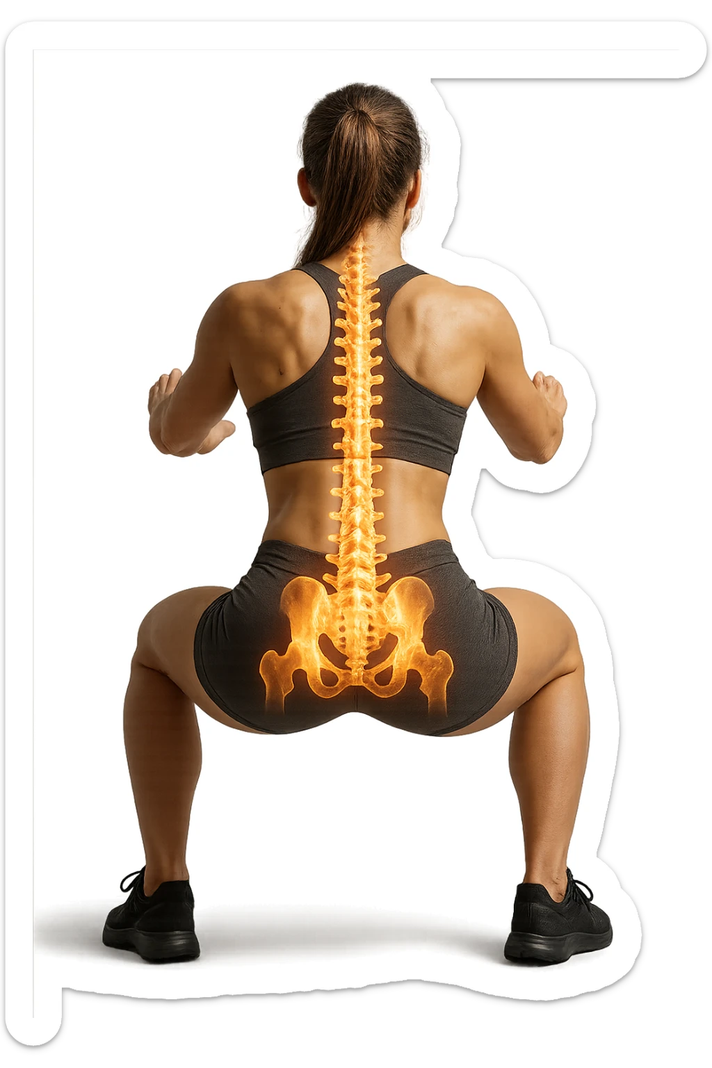 donna di spalle che fa squat con spina dorsale anatomica in evidenza, iperrealistica 4k sticker