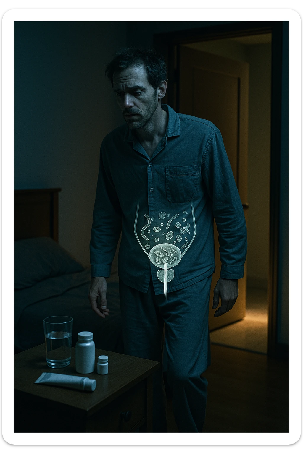 A cinematic night scene showing a man in his late 30s walking stanco verso il bagno in penombra, con la luce fioca che filtra da sotto la porta. Indossa abiti da notte sgualciti, ha un’espressione stanca e il volto scavato dalla mancanza di sonno. Sul comodino accanto al letto ci sono creme mediche, integratori e un bicchiere d’acqua. Una leggera sovrapposizione simbolica mostra, in trasparenza sul corpo, un’area anatomica maschile con presenza di microrganismi parassitari (raffigurati in stile medico-scientifico, non grottesco). Il contrasto visivo fa capire che la causa della nicturia è interna e nascosta, non visibile all’occhio umano. Illuminazione fredda, stile 35mm con profondità emotiva e sottile tensione clinica. sticker