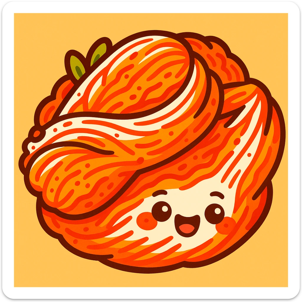 Create an emoji-style illustration of baechu kimchi (napa cabbage kimchi) with a cute and vibrant look, inspired by the reference photo. The style should reflect the colorful and playful essence of emoji art. sticker