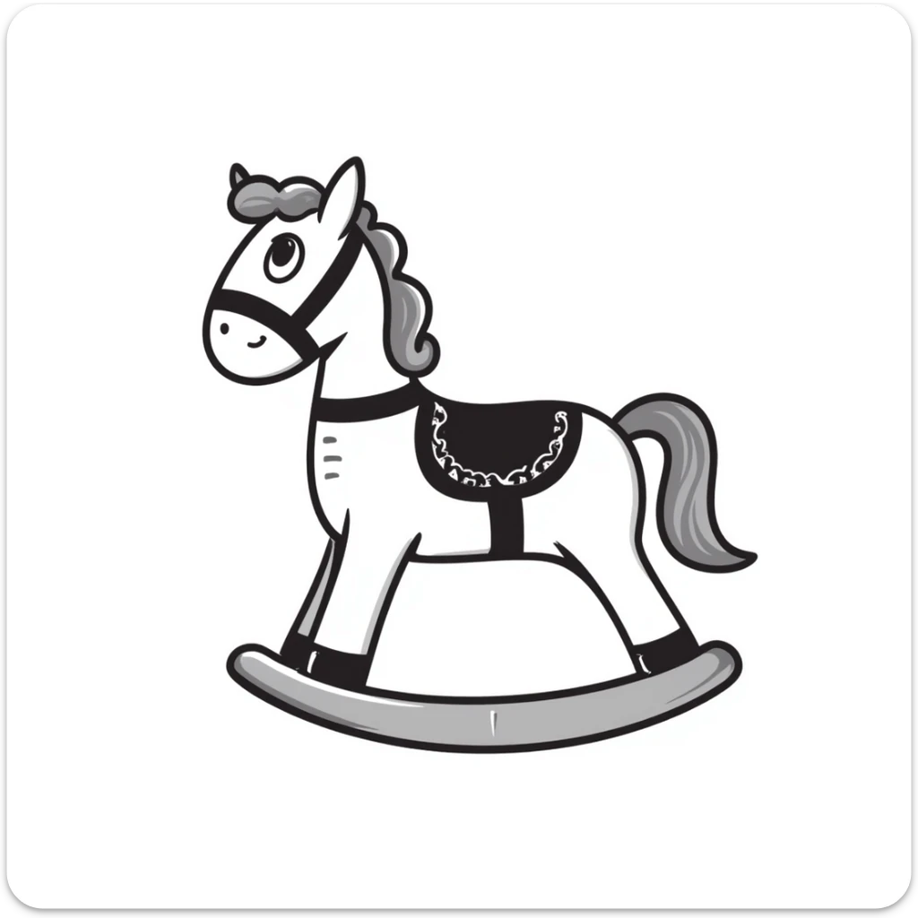 A hand-drawn toy rocking horse with western details and a cute face sticker