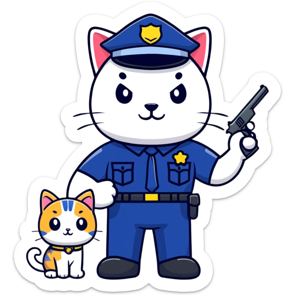 a police officer standing next to a mischievous cat holding a toy gun sticker