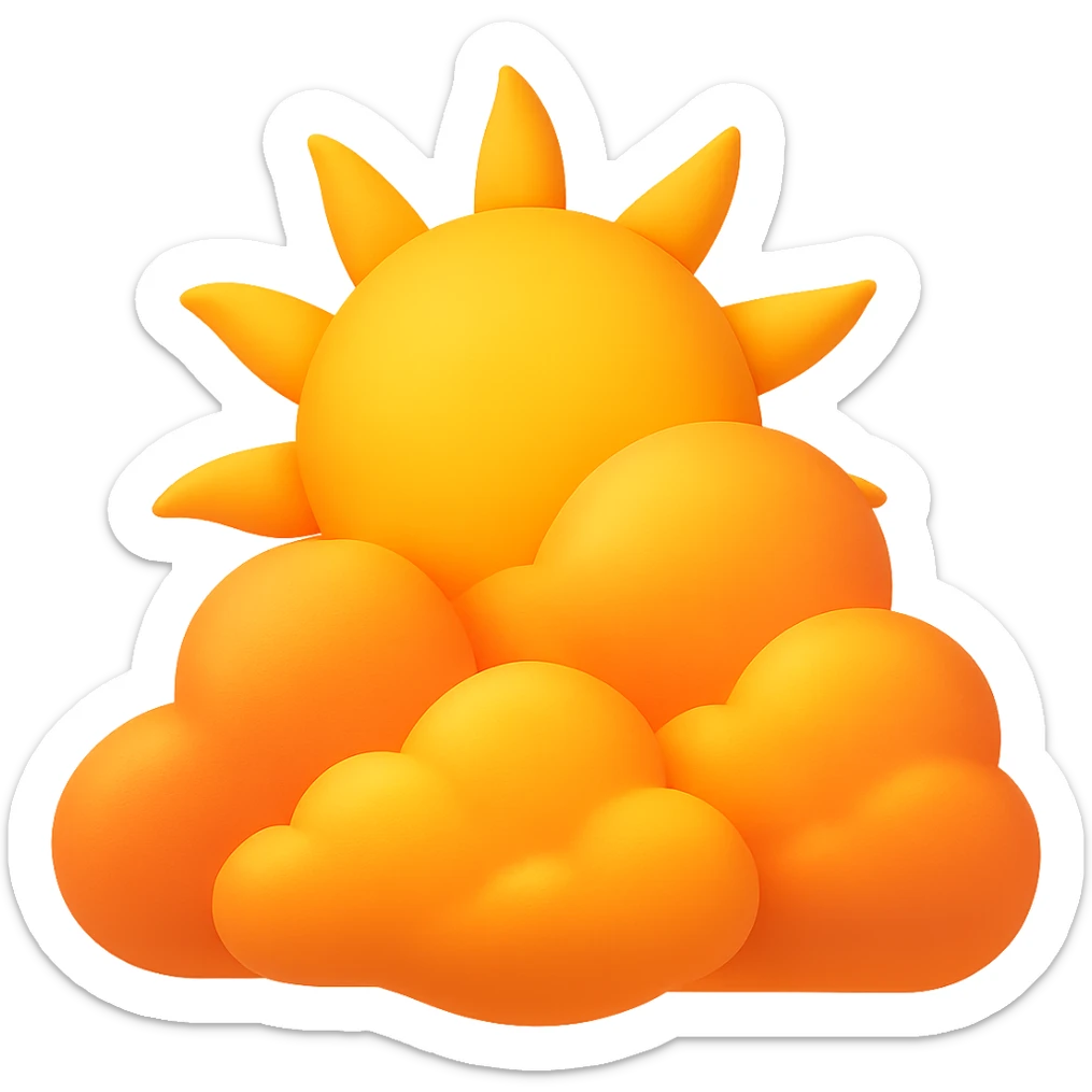 Edit the image to show sunrise colors in fluffy clouds with a bright sun, no face, in emoji style. Remove the background. The style should resemble emoji style with bright and warm sunrise colors in the fluffy clouds and bright sun. sticker