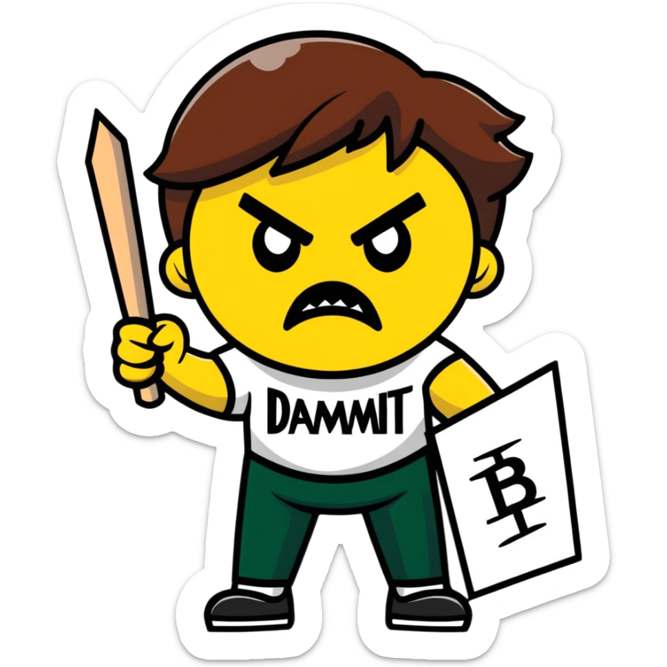 angry face with cursing symbols over the mouth, holding a protest sign that says 'Dammit Becca' sticker