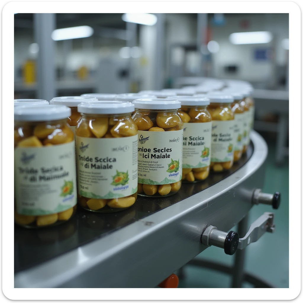 jars of 'Tiroide Secca di Maiale' supplement on conveyor belt, labels clearly visible, clean industrial environment, hyperrealistic 4K sticker