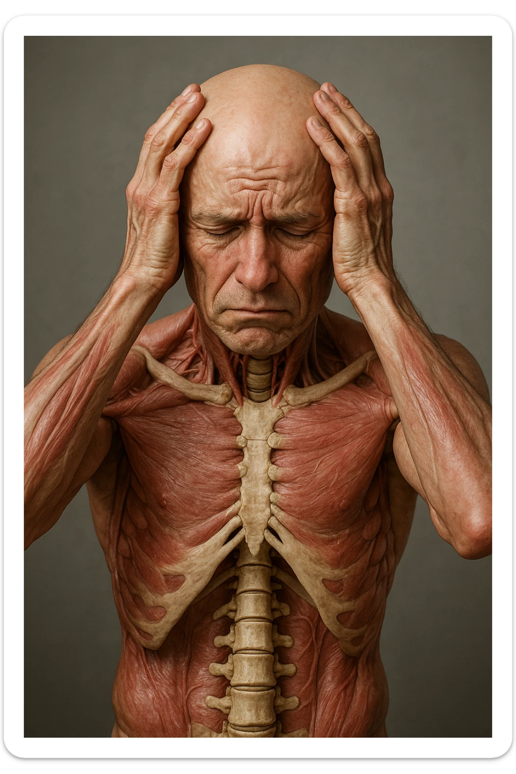 CORPO UMANO ANATOMICO con spina dorsale in evidenza, molto stanca e stressata mentre si tiene le mani sulla testa, IPERREALISTICO 4K sticker