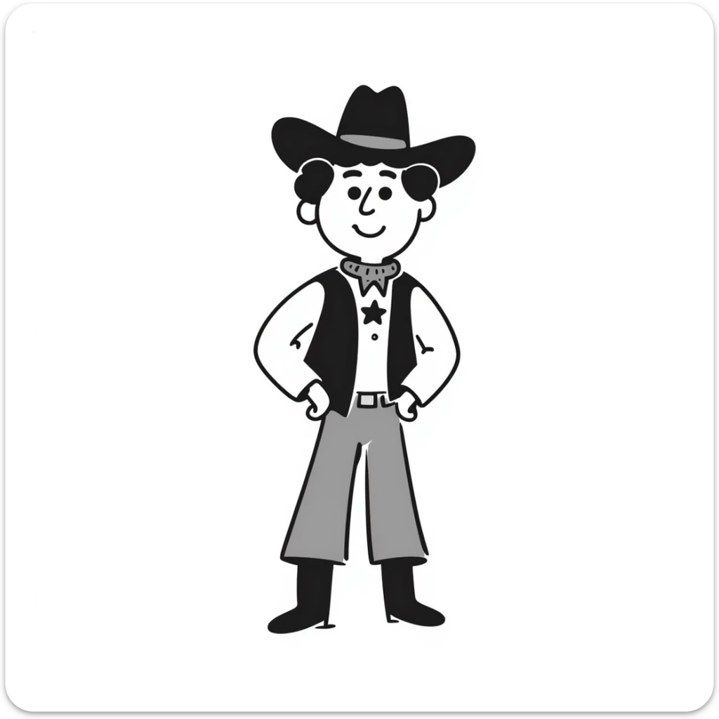Cowboy with a star on his shirt, wearing a cowboy hat and boots sticker