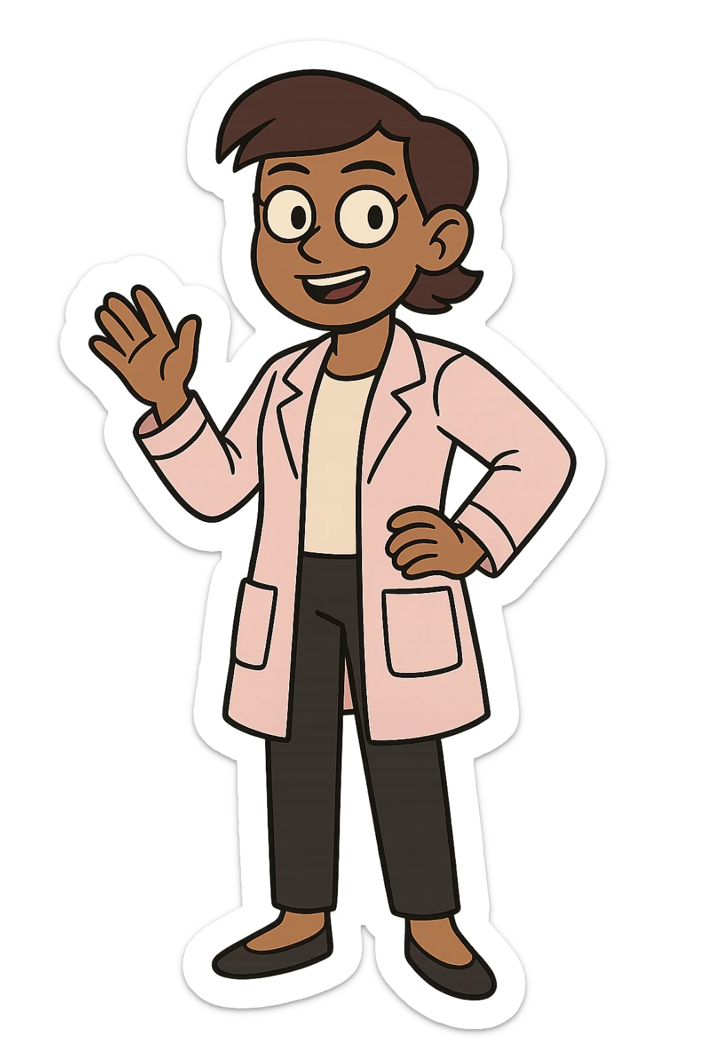female morena character, short hair, pink lab coat, black pants, flat style sticker