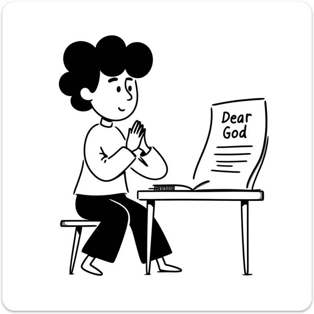 Person with prayer hands next to a paper that clearly shows "Dear God" written at the top of an essay sticker