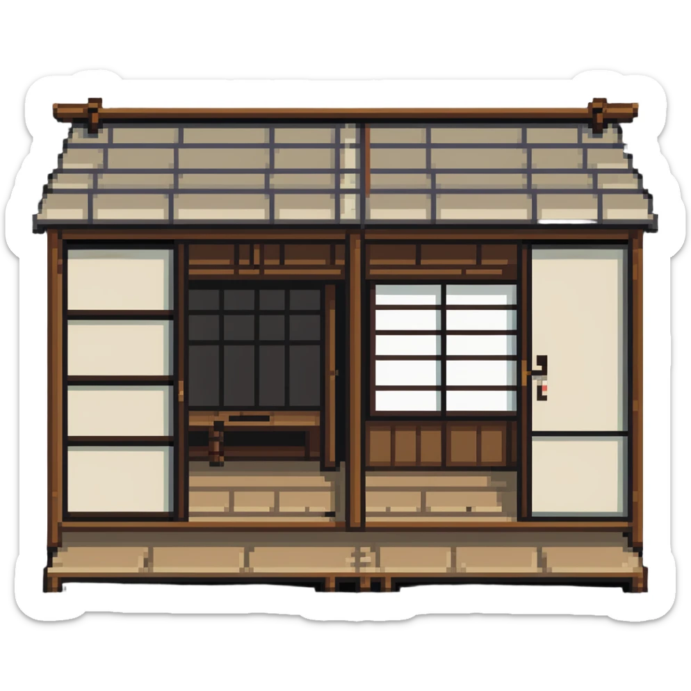 Traditional Japanese house with wooden structure, sliding doors, tatami floor sticker