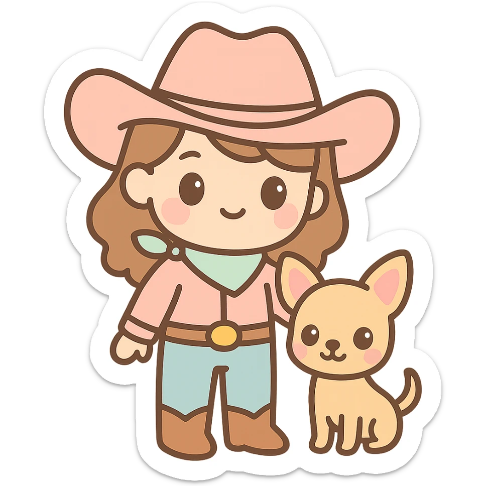 femme cowboy avec son chihuahua, style kawaii sticker