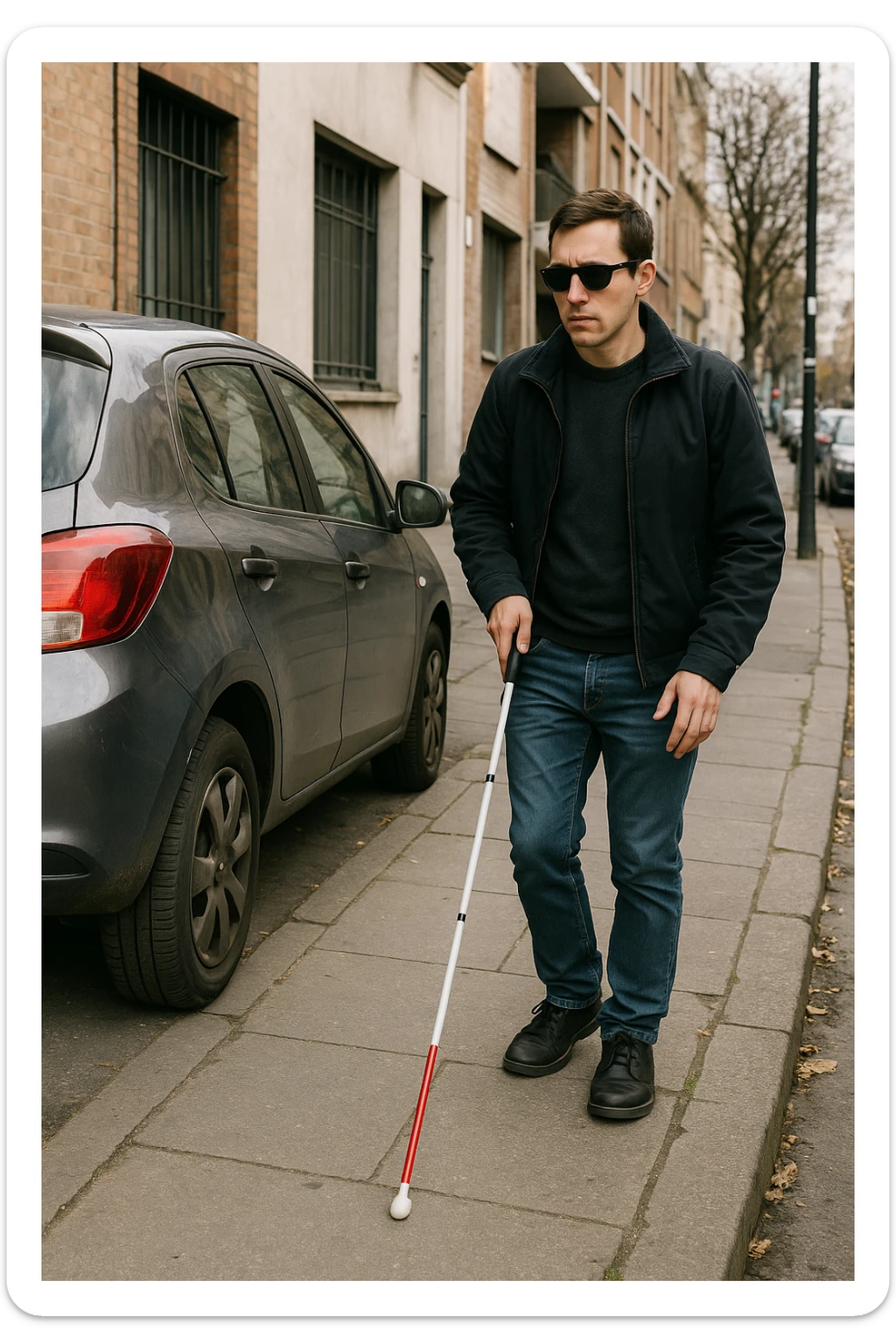 A person with dark glasses and a white cane, trying to navigate around a car parked on the pavement, highlighting accessibility issues. sticker