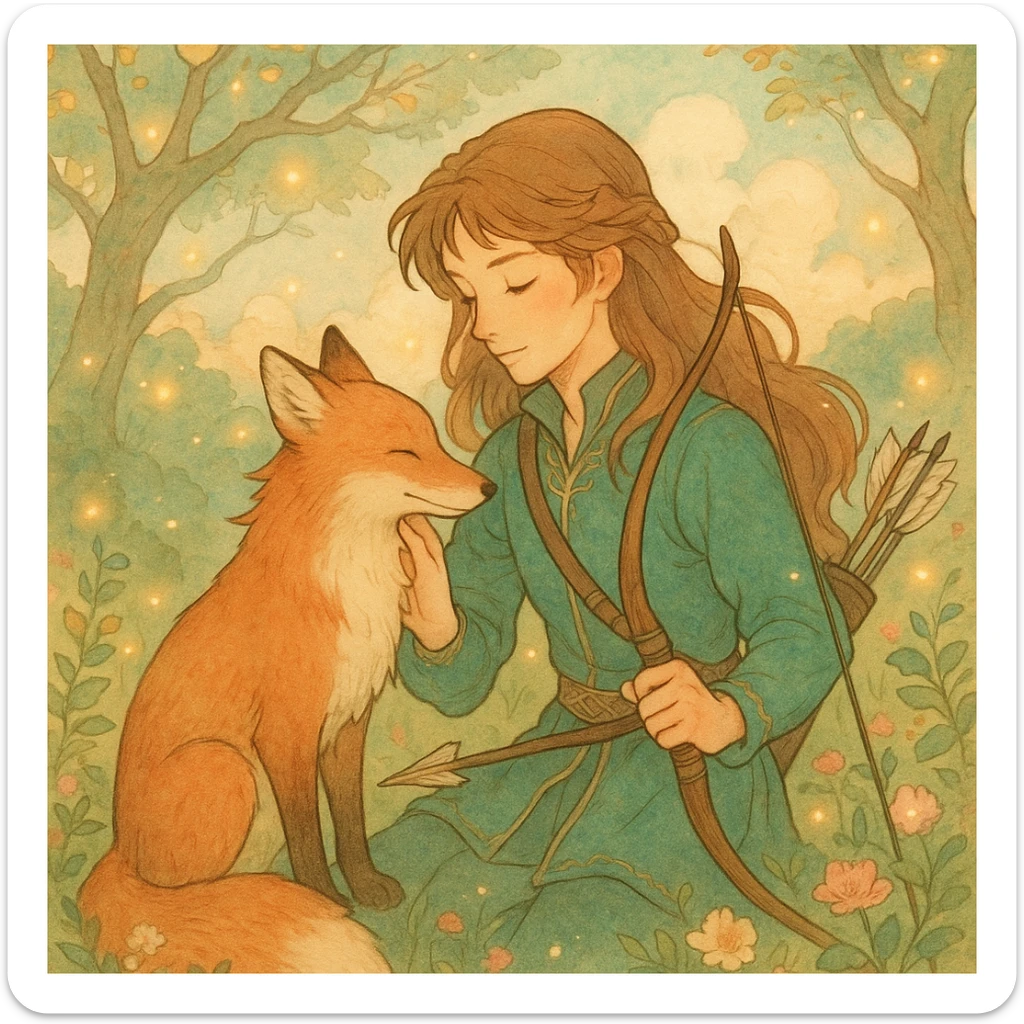 archer and fox together, romantic whimsical fairytale style, soft colors, magical atmosphere, inspired by 'Once Upon a Broken Heart' sticker