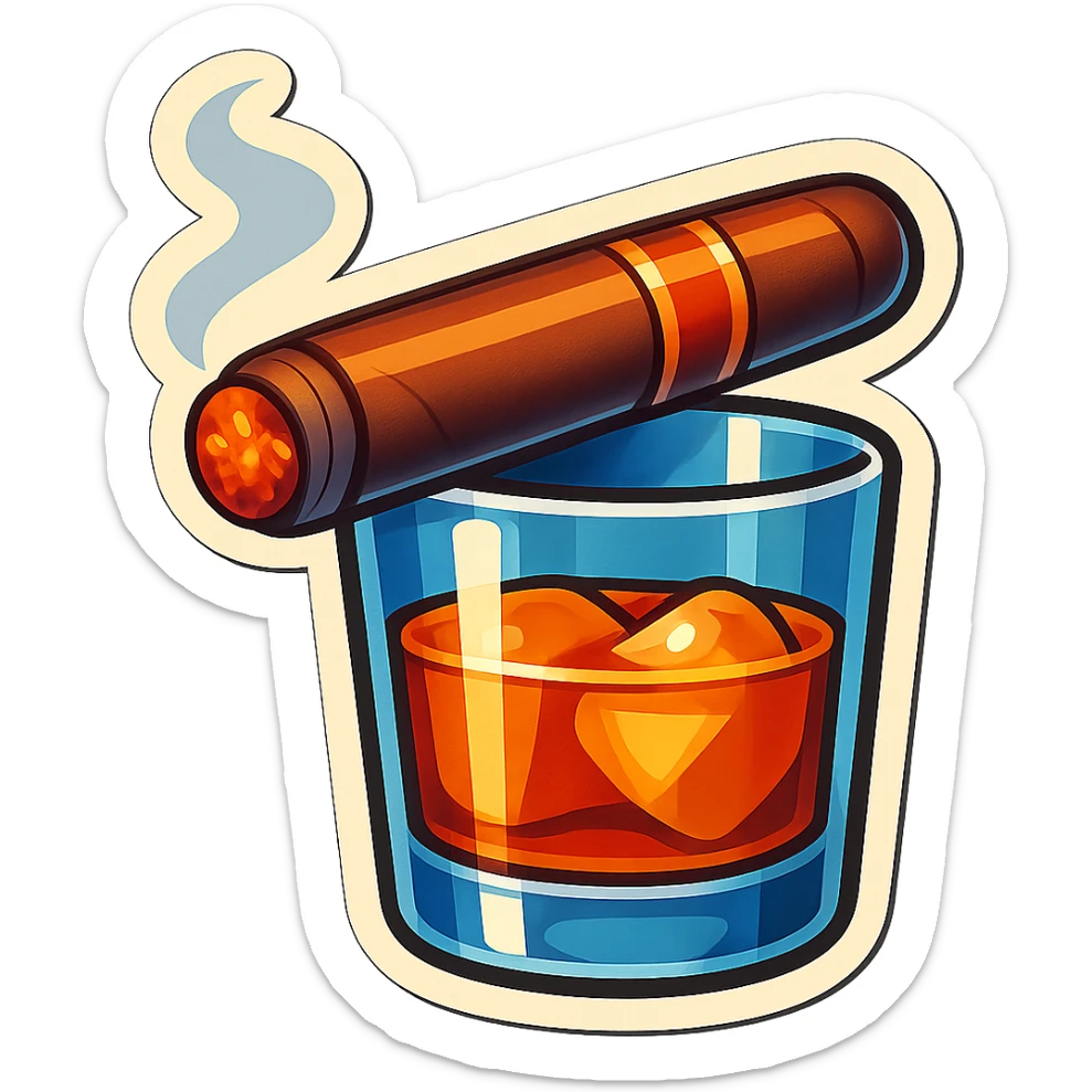 a smoking cigar and whiskey tumbler, classic, vintage look, retro sticker style sticker