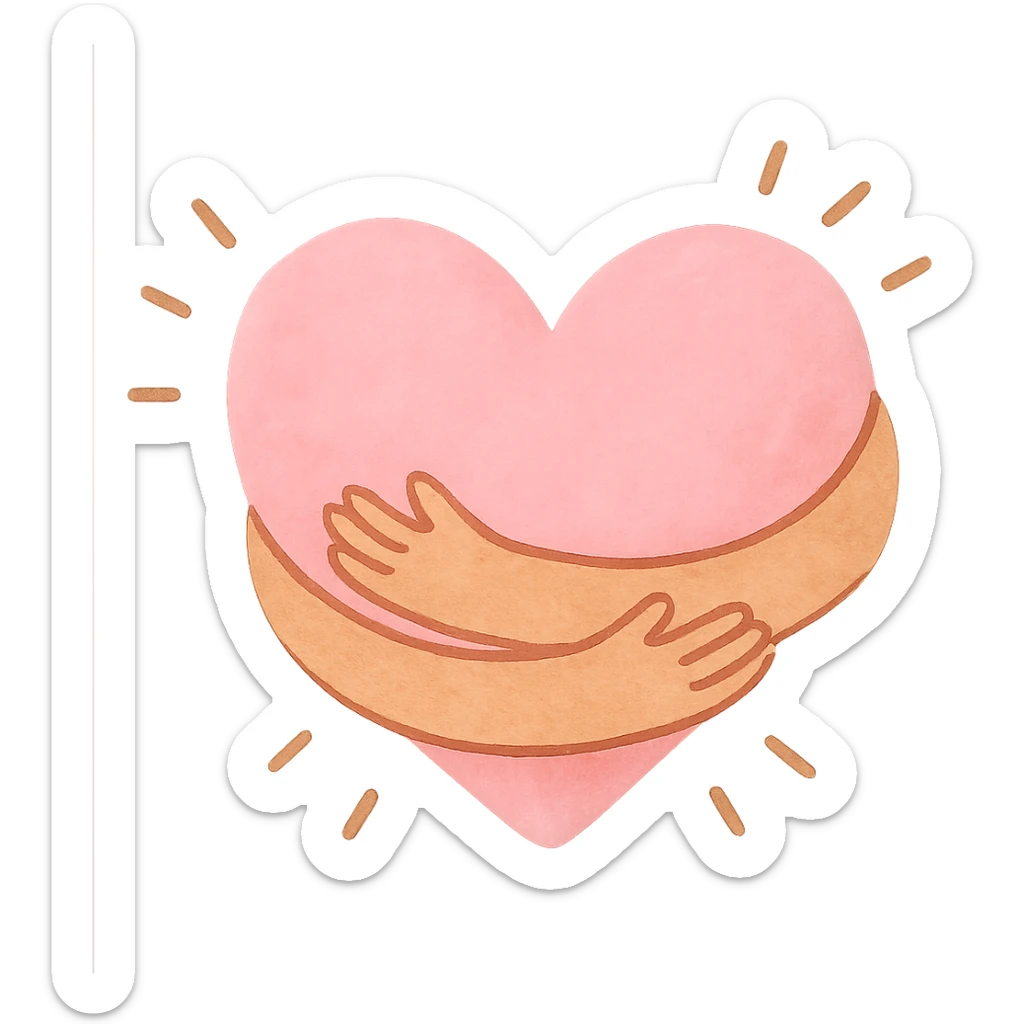 a soft pink heart being hugged by two warm, cozy arms, radiating kindness and emotional support sticker