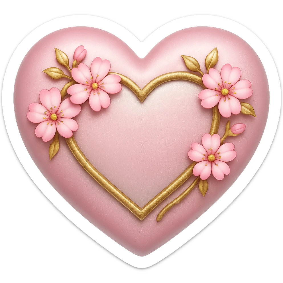 Add a shimmer effect to the gold and silver accents on the heart with sakura flowers in the style of apple emojis, no background. sticker
