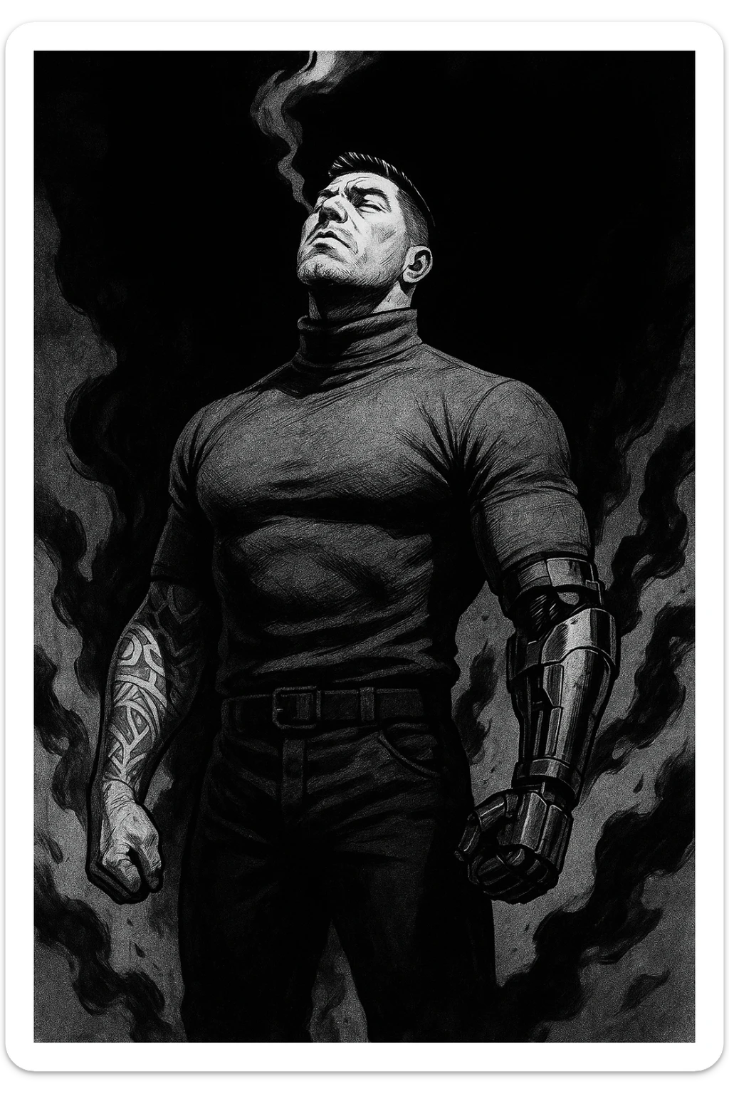 Black and white comic book panel of an extremely muscular Italian man with cybernetic implants standing in the dark, surrounded by smoke. He is wearing a long-sleeved shirt with a high collar, and his chest is sculpted. sticker