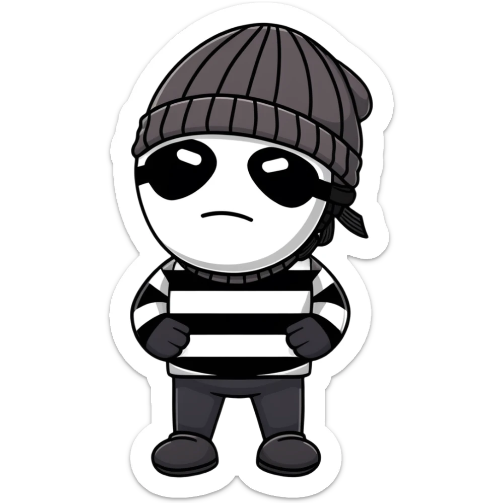 character with black and white striped shirt, black beanie, black mask over eyes sticker