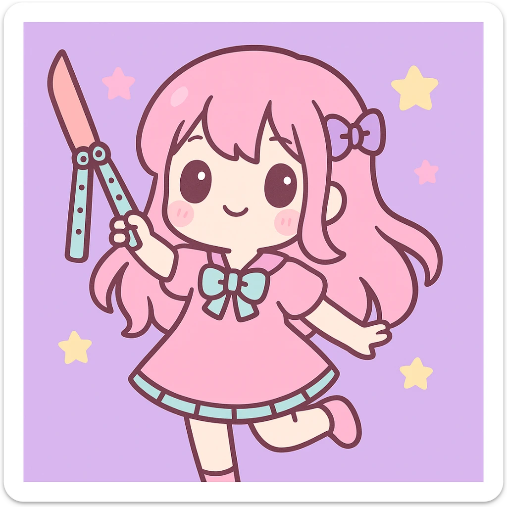 Add a lilac background behind the stylized anime girl with a balisong, keep the kawaii style. sticker