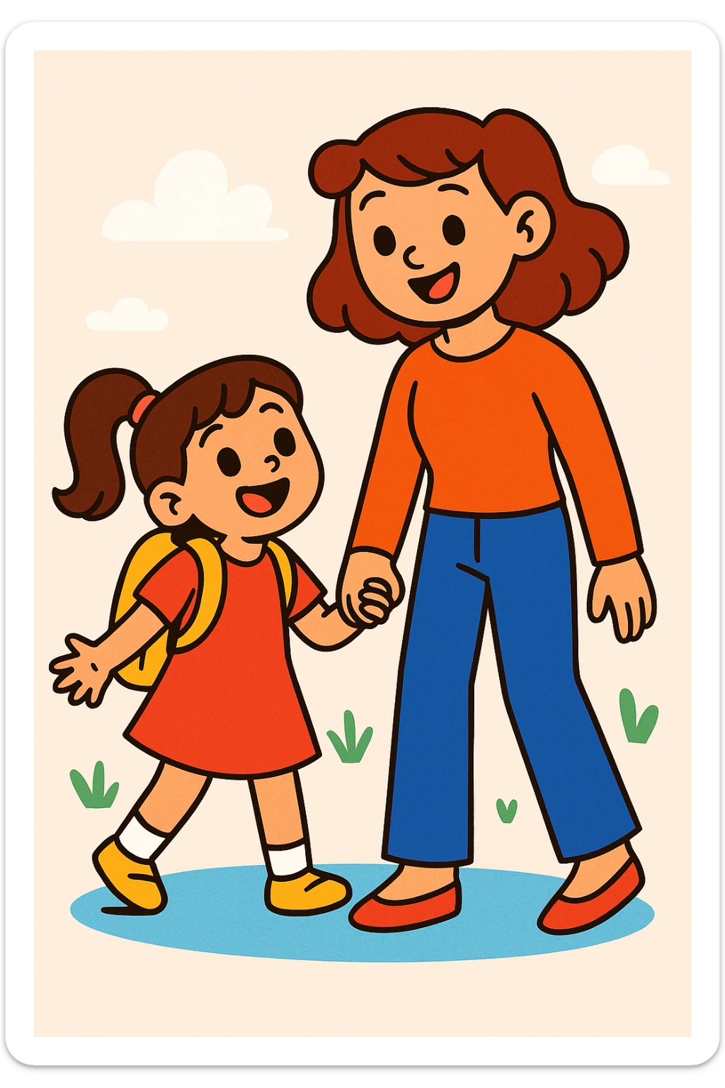 daughter holding hands with mother, colorful cartoon style, light background sticker