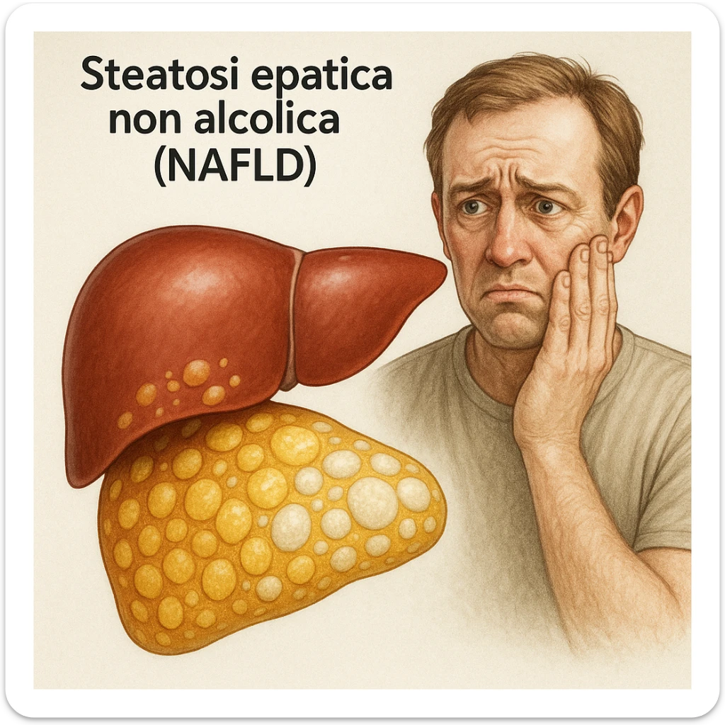 realistic illustration of a stylized liver with fat accumulation in yellow and white areas, next to a person with worried expression, Italian text 'Steatosi epatica non alcolica (NAFLD)', 4K quality sticker