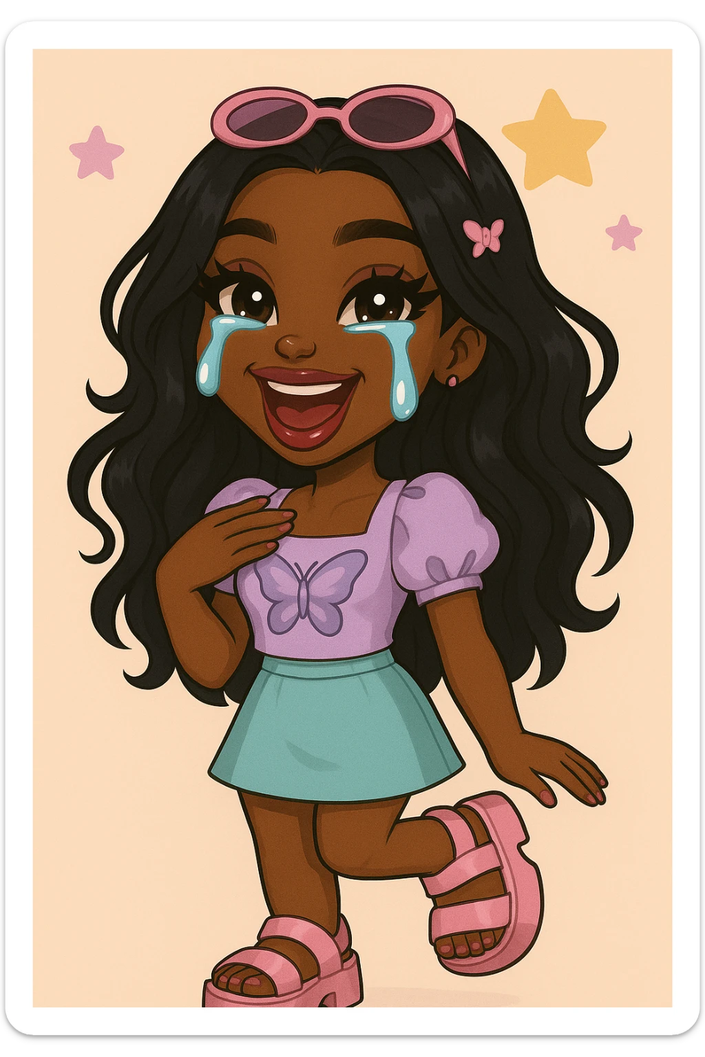 Change her outfit style to a cute pastel Y2K look, keep her as a 20-year-old anime Bratz style woman with dark skin, dark hair, crying laughing expression, big expressive eyes, and glossy lips. sticker