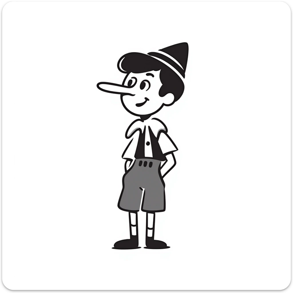 Hand-drawn Pinocchio puppet with a very long nose, wearing blue clothing and pointed hat sticker