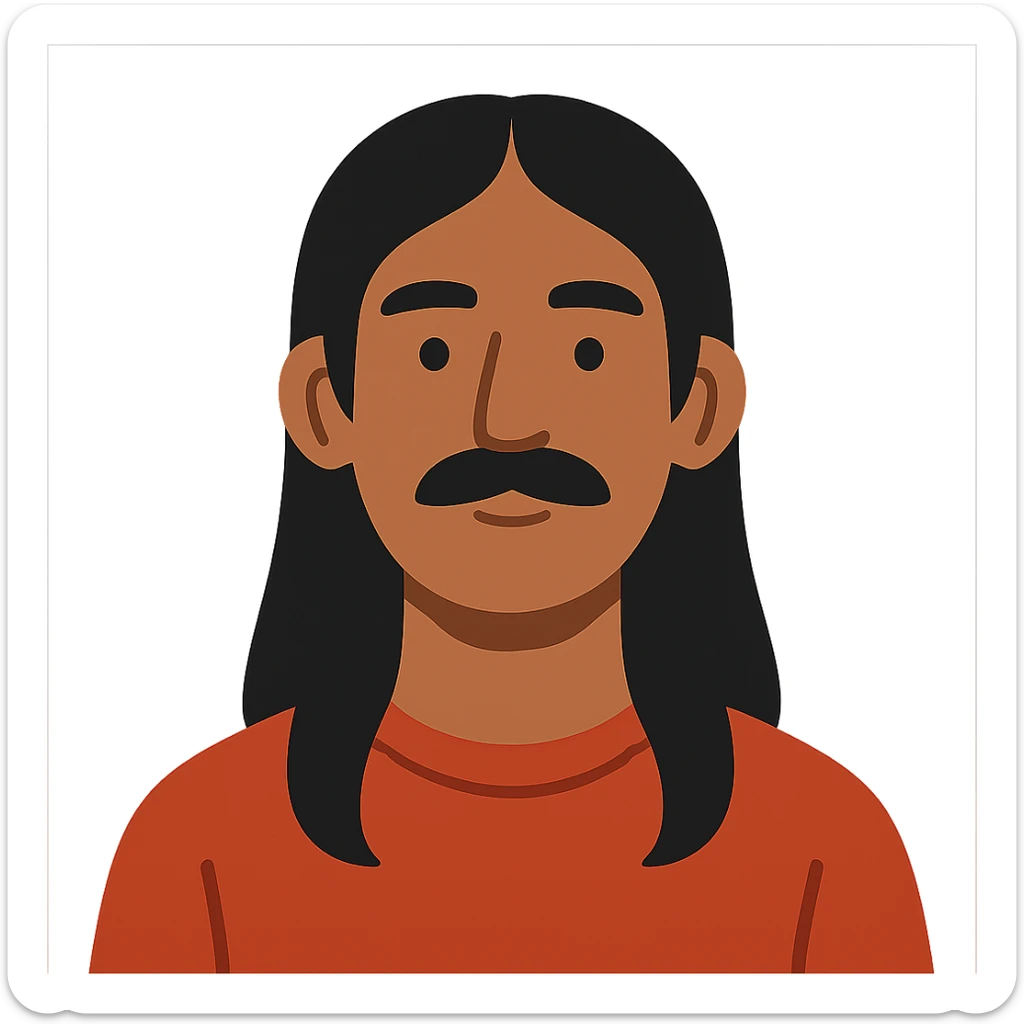 flat toon style man with long black hair, mustache, no beard, brown skin sticker